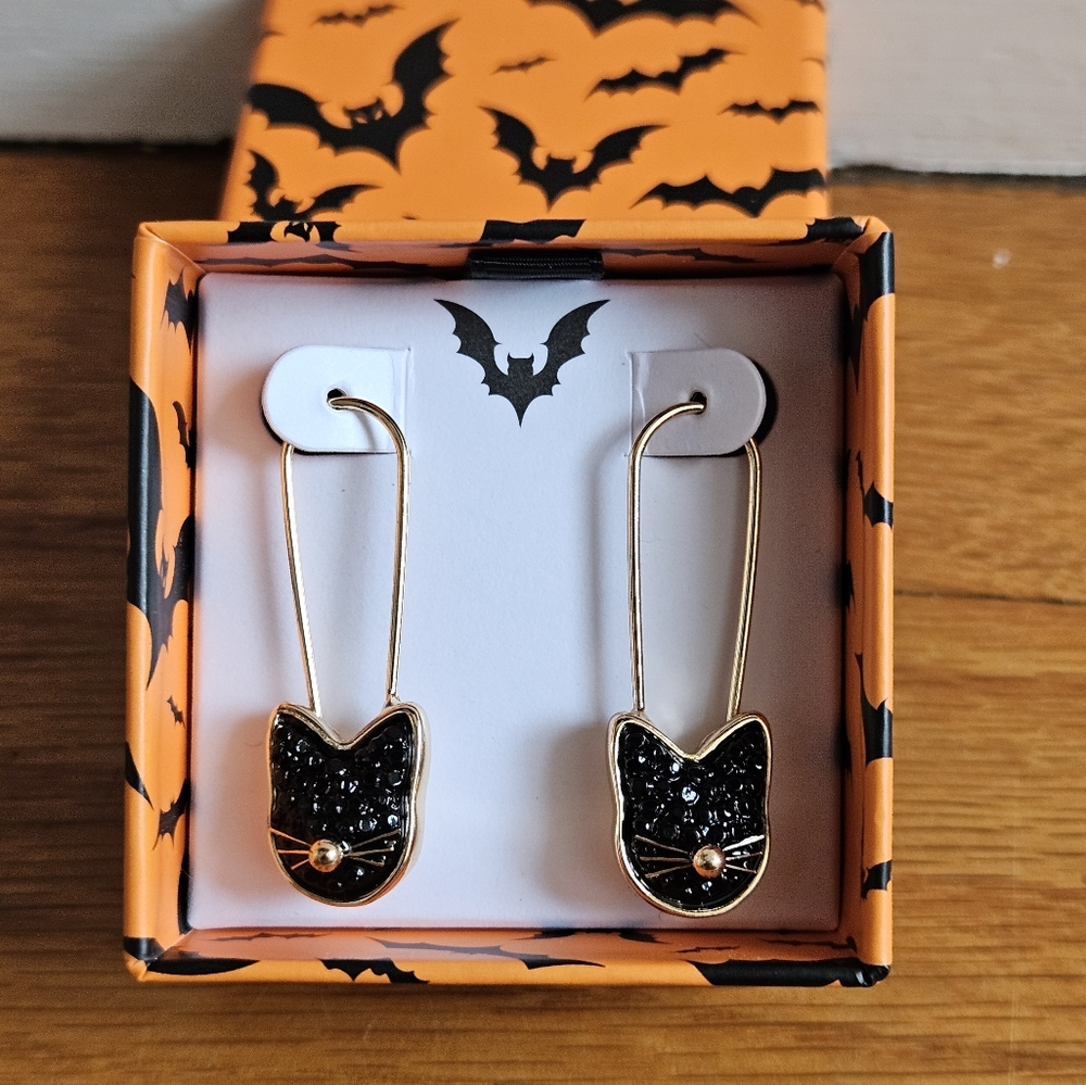 Bella and Jack black crystal cat safety pin earrings